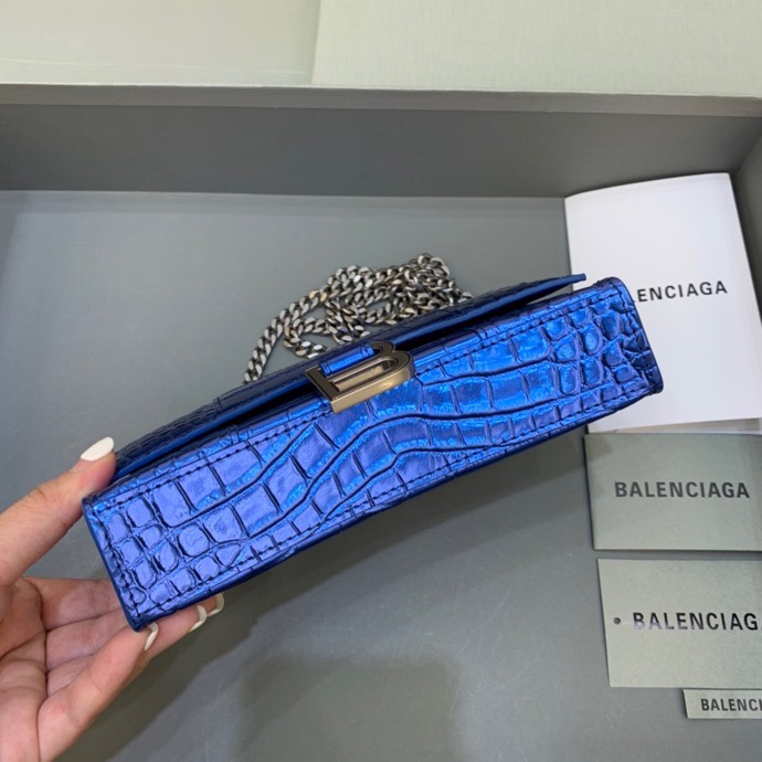 Balenciaga Small Hourglass Wallet With Chain Crocodile Embossed Shoulder Bag Blue